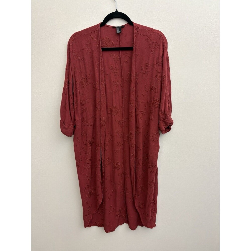 Forever 21 Women’s Floral Embroidered Kimono Small Brick Red  Duster Gauze Boho